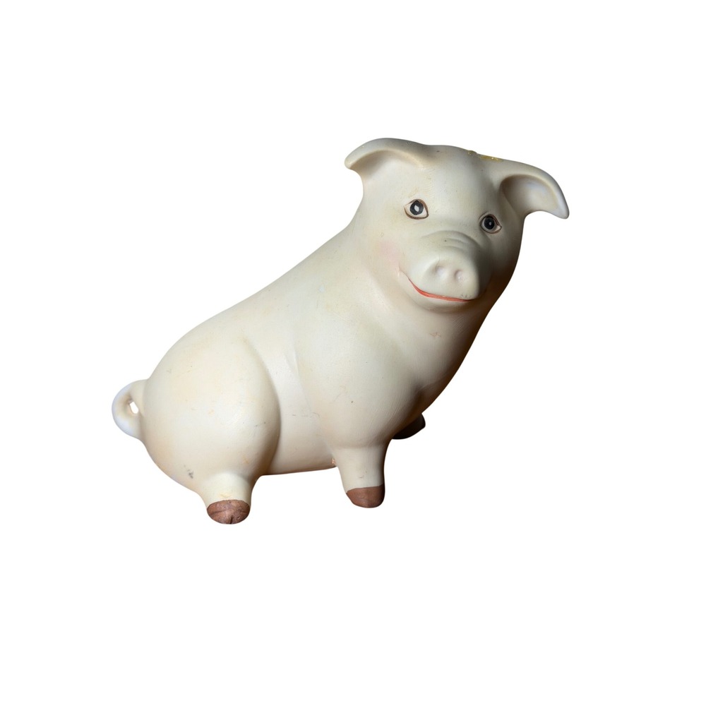 Vintage Ceramic Smiling Pig Figurine Cream Sitting Piglet Statue Farmhouse Decor